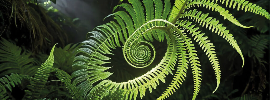 closeup of fern fronds unfurling into spiral shapes in a rainforest setting